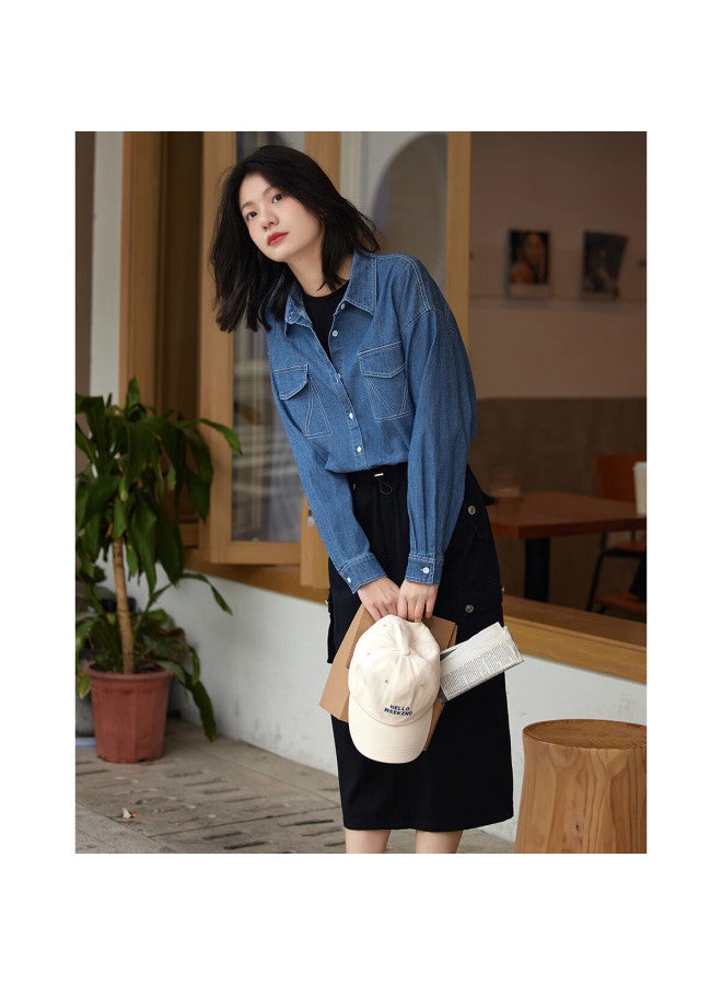 dme [Trendy Versatile Denim Shirt], Spring And Autumn Style, Fake Pocket Classic Long-Sleeve Denim Shirt For Women - Image 5