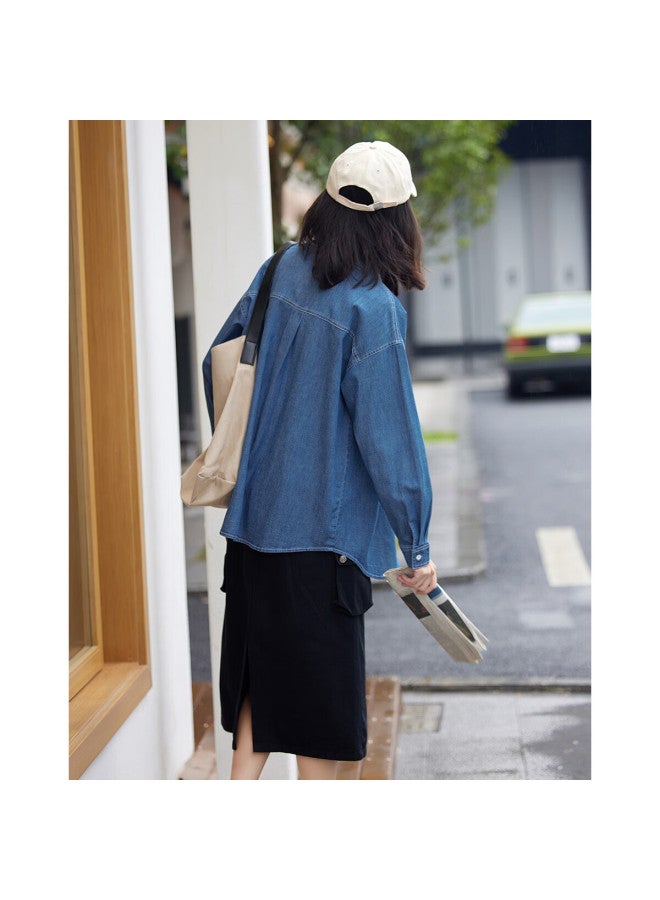 dme [Trendy Versatile Denim Shirt], Spring And Autumn Style, Fake Pocket Classic Long-Sleeve Denim Shirt For Women - Image 4