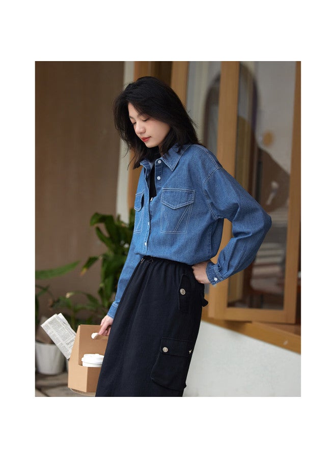 dme [Trendy Versatile Denim Shirt], Spring And Autumn Style, Fake Pocket Classic Long-Sleeve Denim Shirt For Women - Image 1