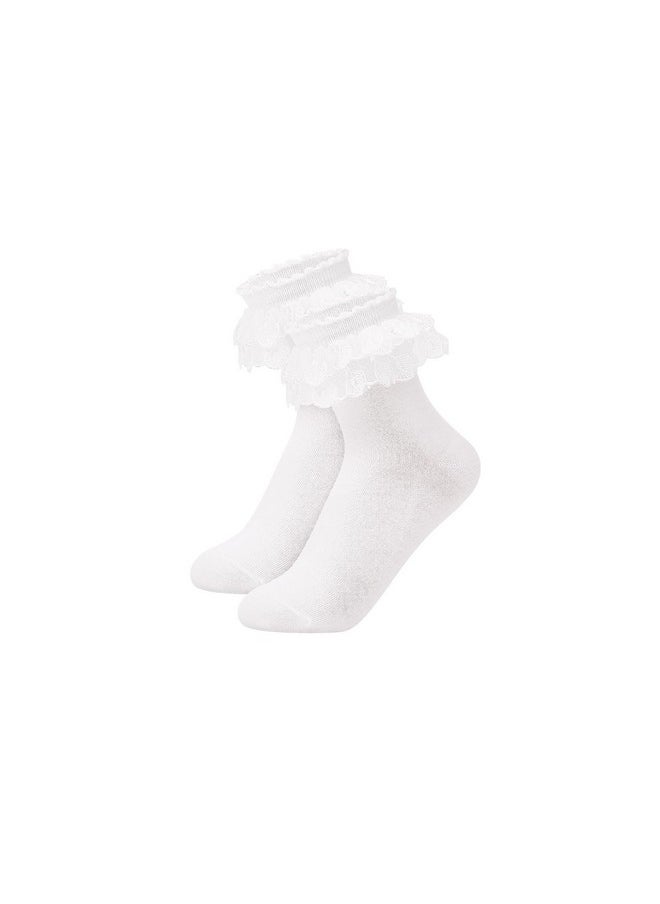 Komorebi - Komorebi Lace Ruffle Socks for Women Cotton Frilly Ankle Socks Gilrs Cute Socks Double Layer Lace Socks White-1 Pairs One Size - Image 1