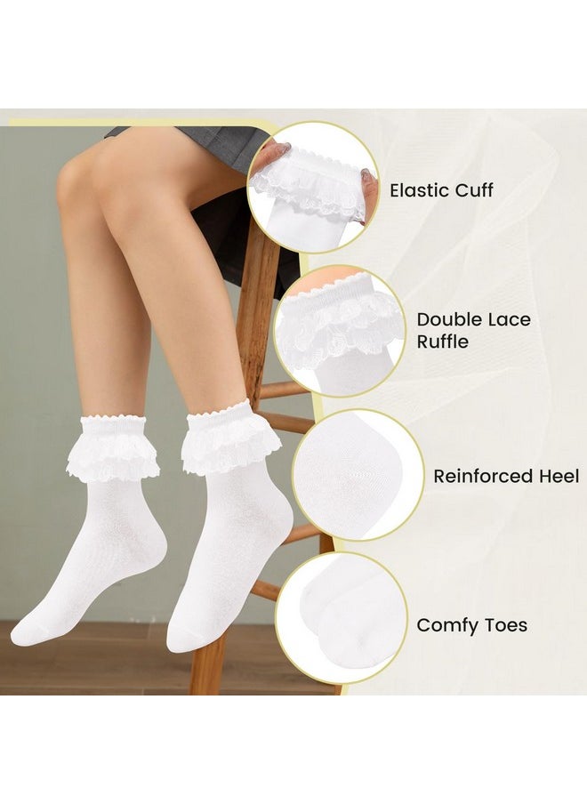 Komorebi - Komorebi Lace Ruffle Socks for Women Cotton Frilly Ankle Socks Gilrs Cute Socks Double Layer Lace Socks White-1 Pairs One Size - Image 1