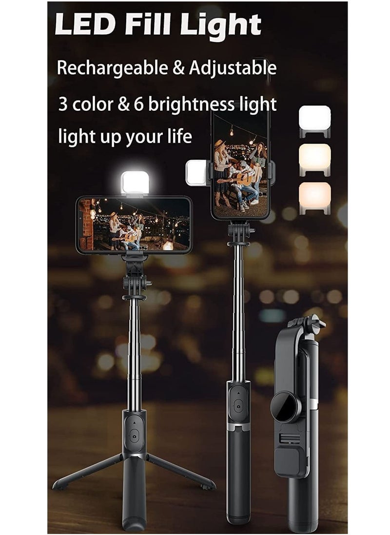 Selfie Stick with Light,Long Selfie Stick with Tripod Stand 100cm Plus,Bluetooth Mobile Selfie Stick for Mobile Phone, Makeup,Vlogging,Youtube