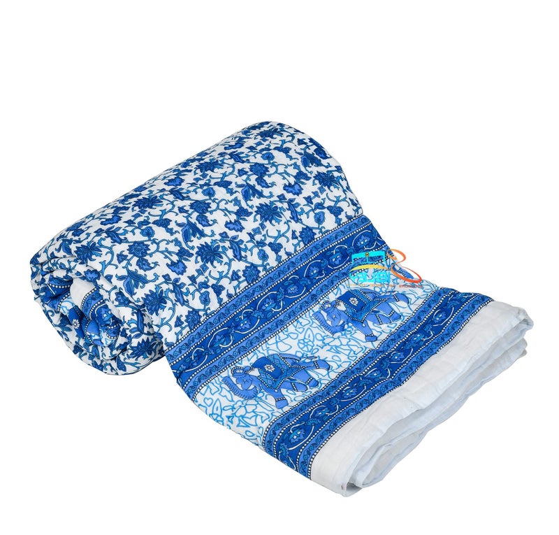 SIBLEY 240 TC Single Bed Jaipuri Razai Organic Pure Cotton Jaipuri rajai Ac Quilt for All Season Soft Light Weight Rajasthani Cotton Quilt 57 x 87 inch (Blue) - Image 1