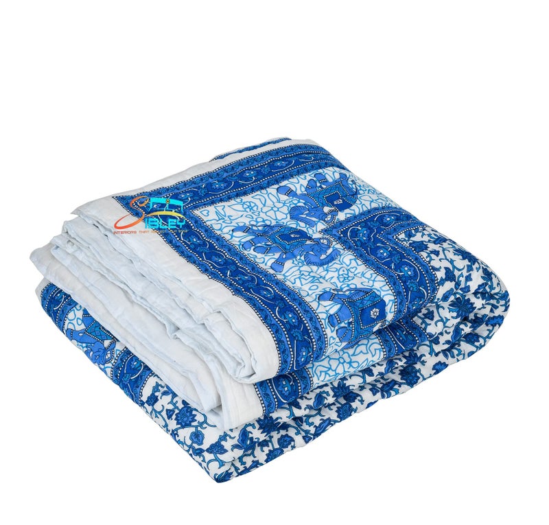 SIBLEY 240 TC Single Bed Jaipuri Razai Organic Pure Cotton Jaipuri rajai Ac Quilt for All Season Soft Light Weight Rajasthani Cotton Quilt 57 x 87 inch (Blue) - Image 2