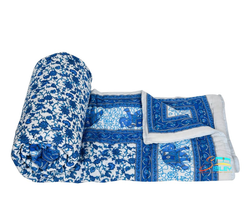 SIBLEY 240 TC Single Bed Jaipuri Razai Organic Pure Cotton Jaipuri rajai Ac Quilt for All Season Soft Light Weight Rajasthani Cotton Quilt 57 x 87 inch (Blue) - Image 3