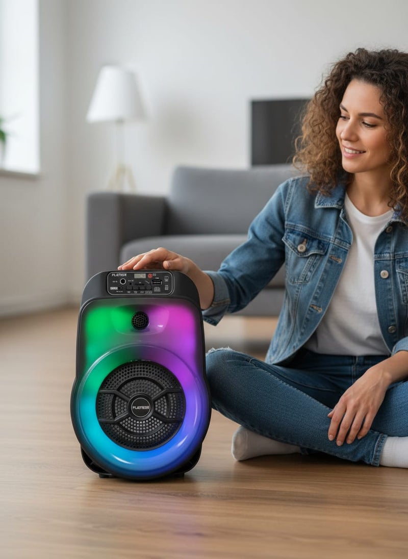Platinum Portable Bluetooth speaker model AH-602, 6.5-inch size, featuring colorful LED lighting and a built-in karaoke system. Supports USB, AUX, and Micro SD cards. Modern design, ideal for parties and home gatherings (Black). - Image 2