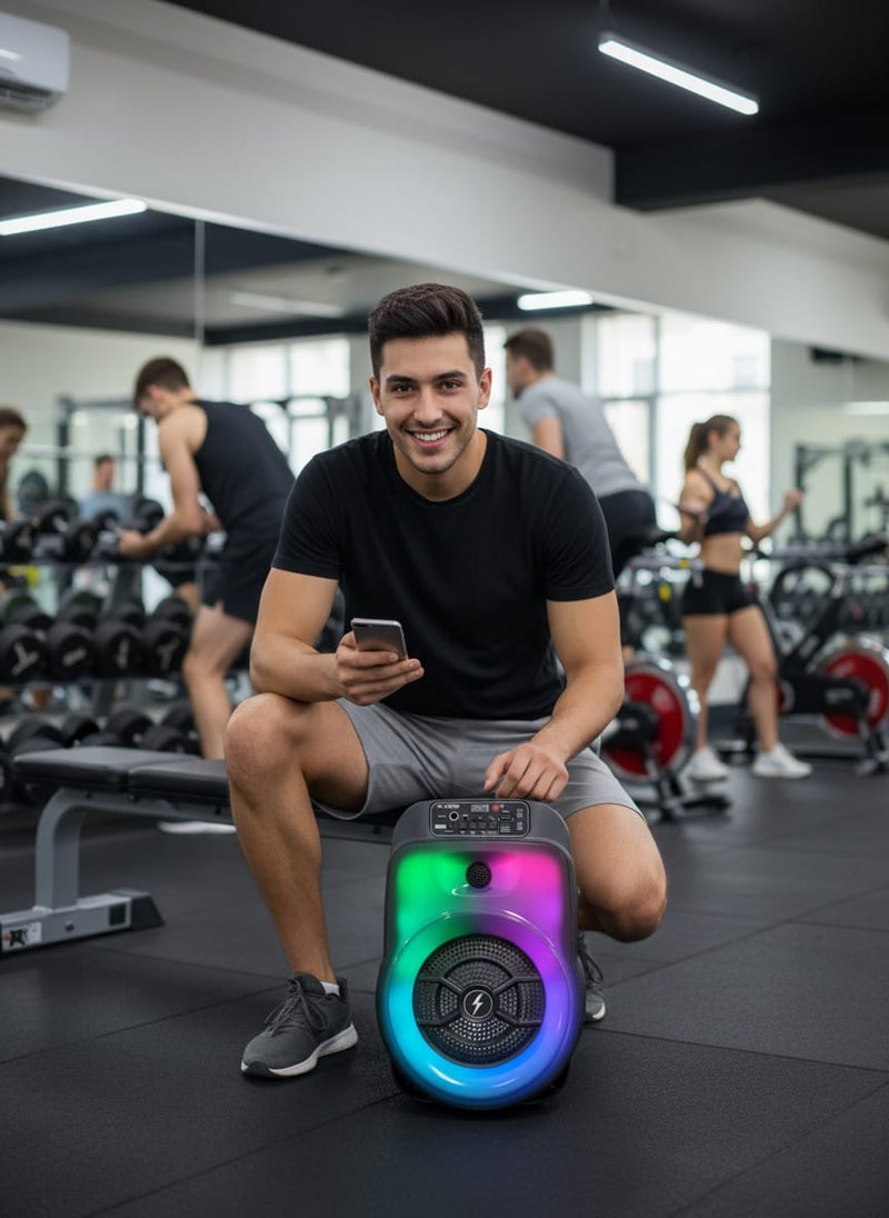 Platinum Portable Bluetooth speaker model AH-602, 6.5-inch size, featuring colorful LED lighting and a built-in karaoke system. Supports USB, AUX, and Micro SD cards. Modern design, ideal for parties and home gatherings (Black). - Image 4