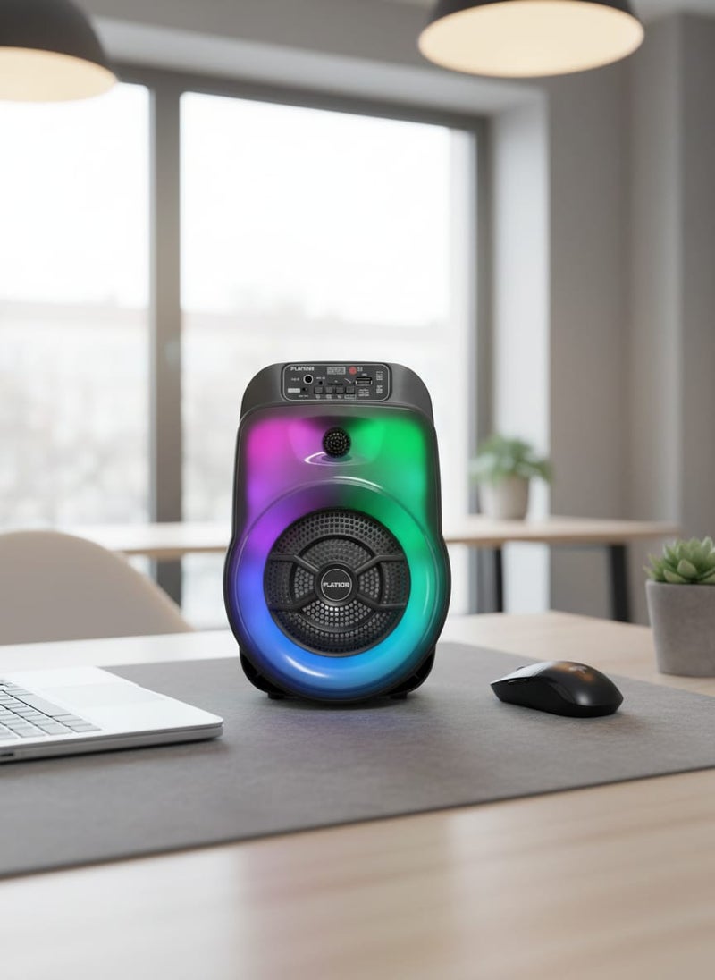 Platinum Portable Bluetooth speaker model AH-602, 6.5-inch size, featuring colorful LED lighting and a built-in karaoke system. Supports USB, AUX, and Micro SD cards. Modern design, ideal for parties and home gatherings (Black). - Image 5