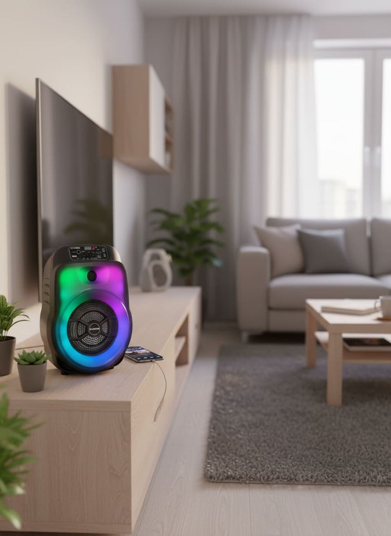 Platinum Portable Bluetooth speaker model AH-602, 6.5-inch size, featuring colorful LED lighting and a built-in karaoke system. Supports USB, AUX, and Micro SD cards. Modern design, ideal for parties and home gatherings (Black). - Image 3