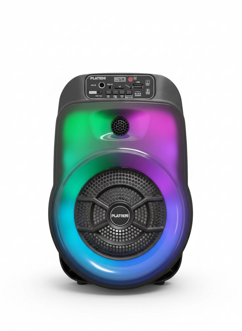 Platinum Portable Bluetooth speaker model AH-602, 6.5-inch size, featuring colorful LED lighting and a built-in karaoke system. Supports USB, AUX, and Micro SD cards. Modern design, ideal for parties and home gatherings (Black). - Image 1