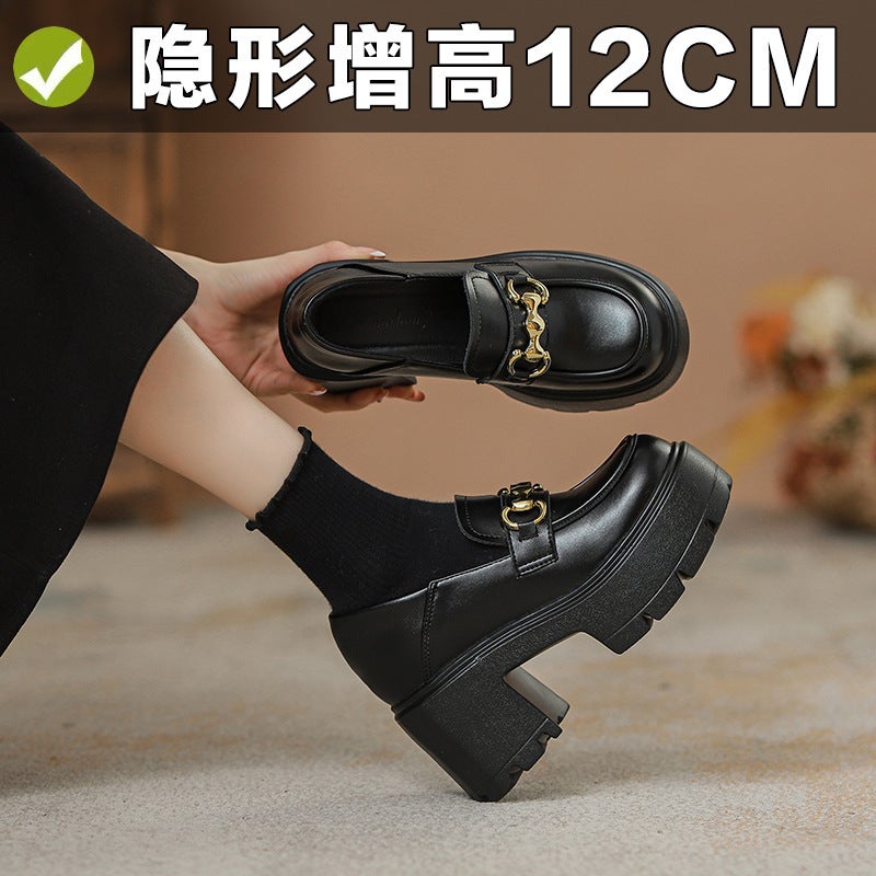 Genuine Leather 12Cm Women'S Short Height-Increasing Loafers, Small Size 32, Metal Buckle Slip-On Women'S Platform Thick-Soled Leather Shoes - Image 2