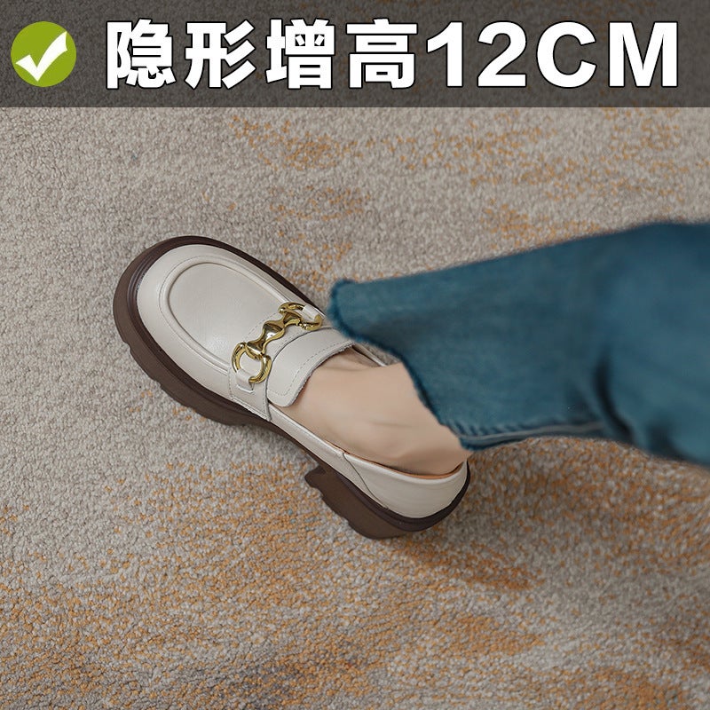Genuine Leather 12Cm Women'S Short Height-Increasing Loafers, Small Size 32, Metal Buckle Slip-On Women'S Platform Thick-Soled Leather Shoes - Image 5
