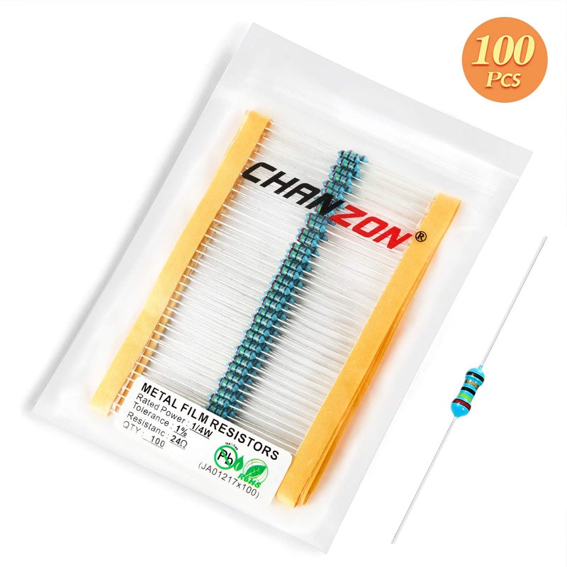 CHANZON 100pcs 1/4W (0.25W) 24 Ω ohm Metal Film Fixed Resistor 0.01 ±1% Tolerance 24R MF Through Hole Resistors Current Limiting Rohs Certificated - Image 5
