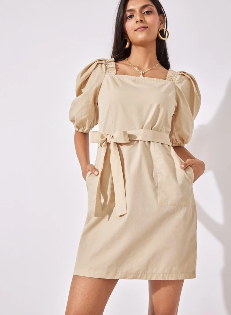 The Label Life The Label Life Women's Puff Sleeve Bodycon Mini Dress - Beige