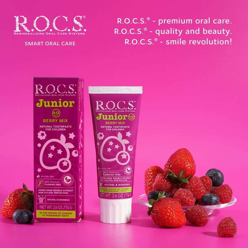 Rocs R.O.C.S. Junior Toothpaste - Enamel Whitening Teeth Gum Protection - for Children 6-12 Years Old - Safe to Swallow - Natural, No Fluoride or Sulfate (Berry Mix, Pack of 1) - Image 2