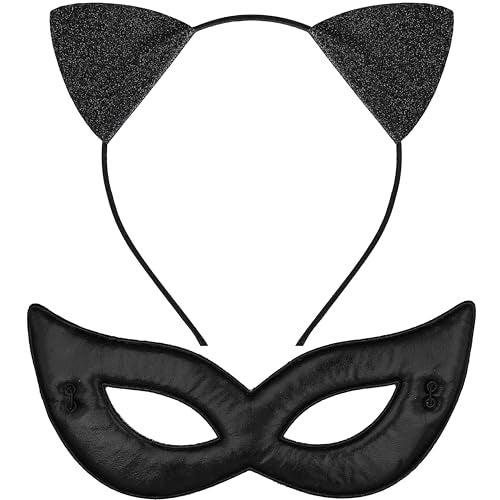 Ellzk Black Cat Ears Headband with Glitter Kitty Ears and Black Mask for Woman - Image 1