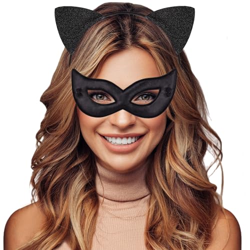 Ellzk Black Cat Ears Headband with Glitter Kitty Ears and Black Mask for Woman - Image 4