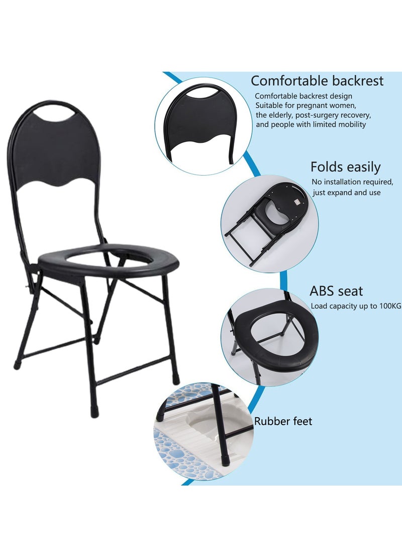 Shower Chair for Waterproof Comfortable Non-Slip Commode Chair for Disabled Easy to Clean Easy to Install Commode Toilet Elderly Folding Compact Lightweight Portable for Camping/Car/Bathroom (Black) - Image 2