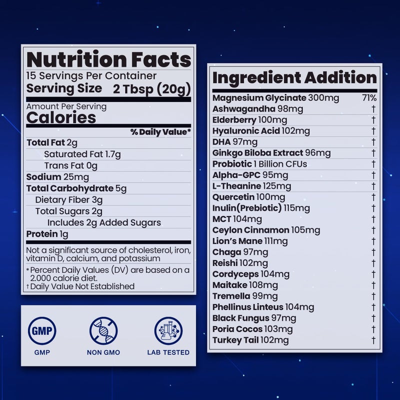 مسحوق كاكاو ساخن بالمغنيسيوم | مسحوق سوبر فود للنوم مع 10 فطر، مغنيسيوم جليسينات و L-ثيانين | نباتي، مناسب للكيتو | دعم للهدوء، طول العمر والمغذيات المعززة للذكاء، 10.58 أونصة - Image 3
