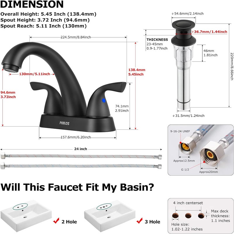 PARLOS 2-Handle Bathroom Sink Faucet with Drain Assembly and Supply Hoses Matte Black,1359804 - Image 5