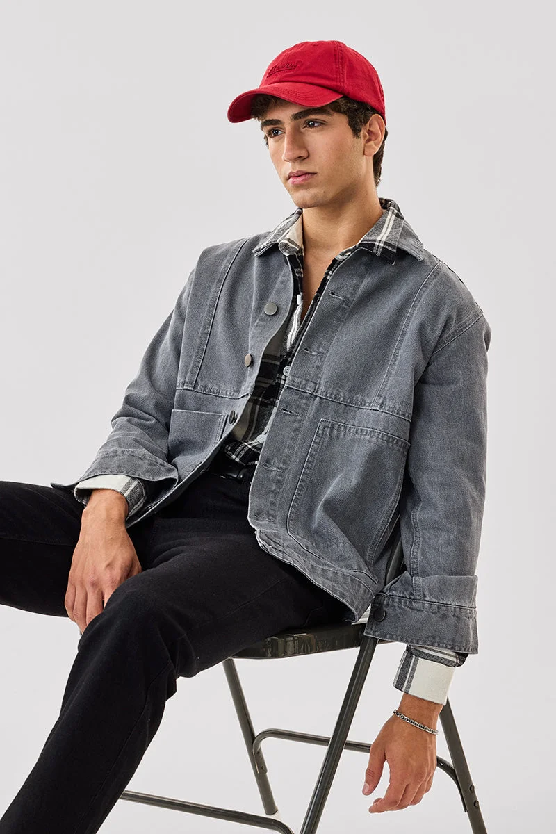 سنيتش Grey Solid Long Sleeve Regular Fit Streetwear Jacket