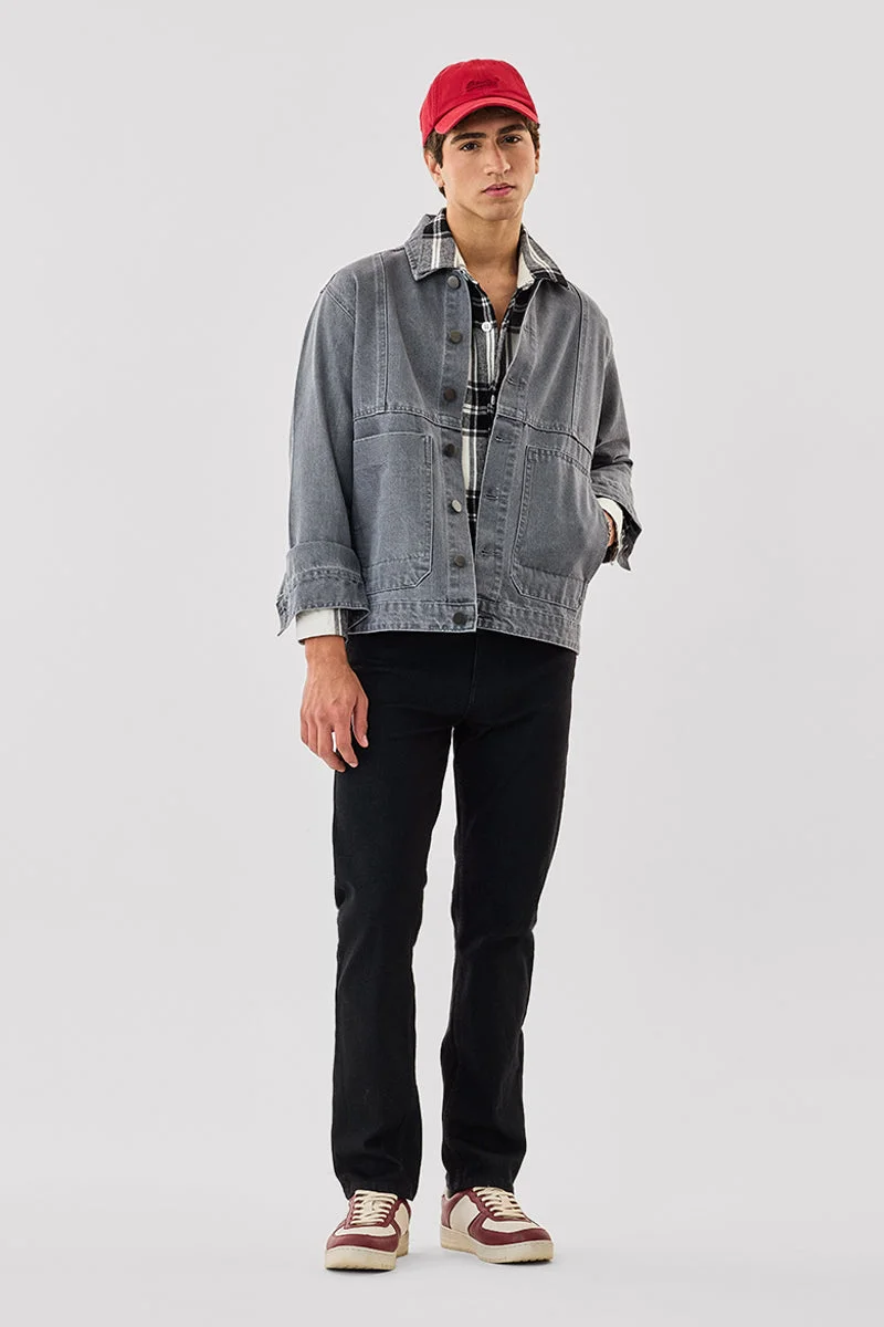 سنيتش Grey Solid Long Sleeve Regular Fit Streetwear Jacket