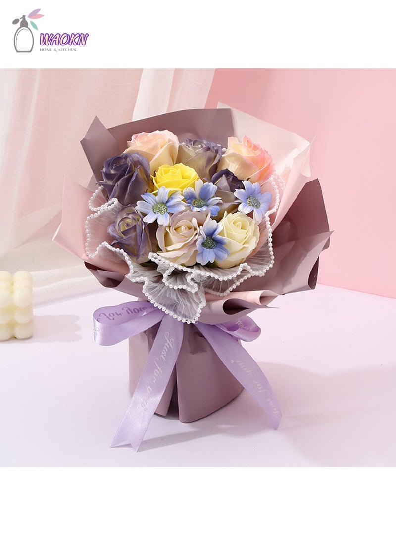 WAOKN 9-Piece Rose Bouquet Forever Flowers Decor Artificial Flower Bouquet High-Value Soap Flower Gift Box Long-Lasting Real Roses Forever Bouquet for Valentines Day Mothers Day Birthday Gifts for Women Purple - Image 1