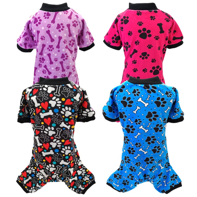 PET SHOW 4 Pack Small Dog Pajamas Paw Bone Patterns Cute Clothes for Medium Dogs Soft Fleece Stretchy PJs 4 Legged Jumpsuit Puppy Cats Onesies Outfits with Sleeve Dachshund Doggies Girl Boy Small - Image 2