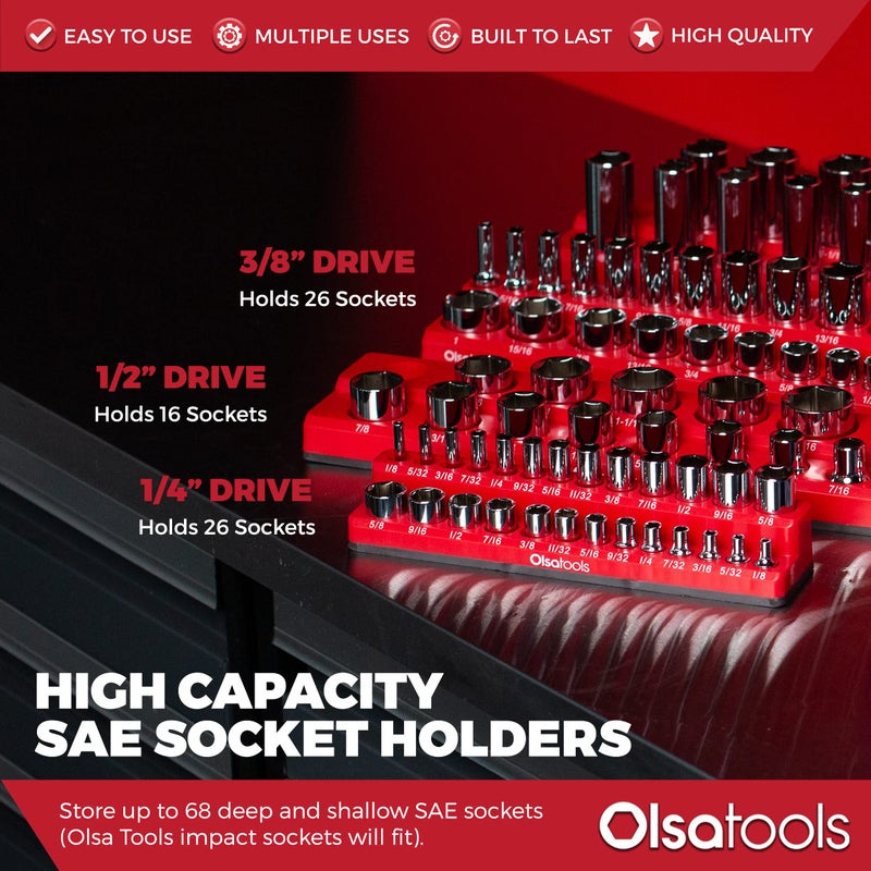 Olsa Tools Magnetic Socket Organizers | 3 Piece Set Socket Holder Kit | 1/2-inch, 3/8-inch, & 1/4-inch Drive | SAE Red | Holds 68 Sockets | Professional Quality Tools Organizer Part 1150 - Image 3
