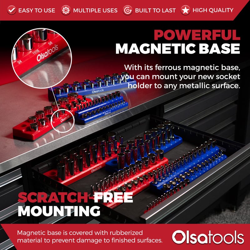 Olsa Tools Magnetic Socket Organizers | 3 Piece Set Socket Holder Kit | 1/2-inch, 3/8-inch, & 1/4-inch Drive | SAE Red | Holds 68 Sockets | Professional Quality Tools Organizer Part 1150 - Image 4