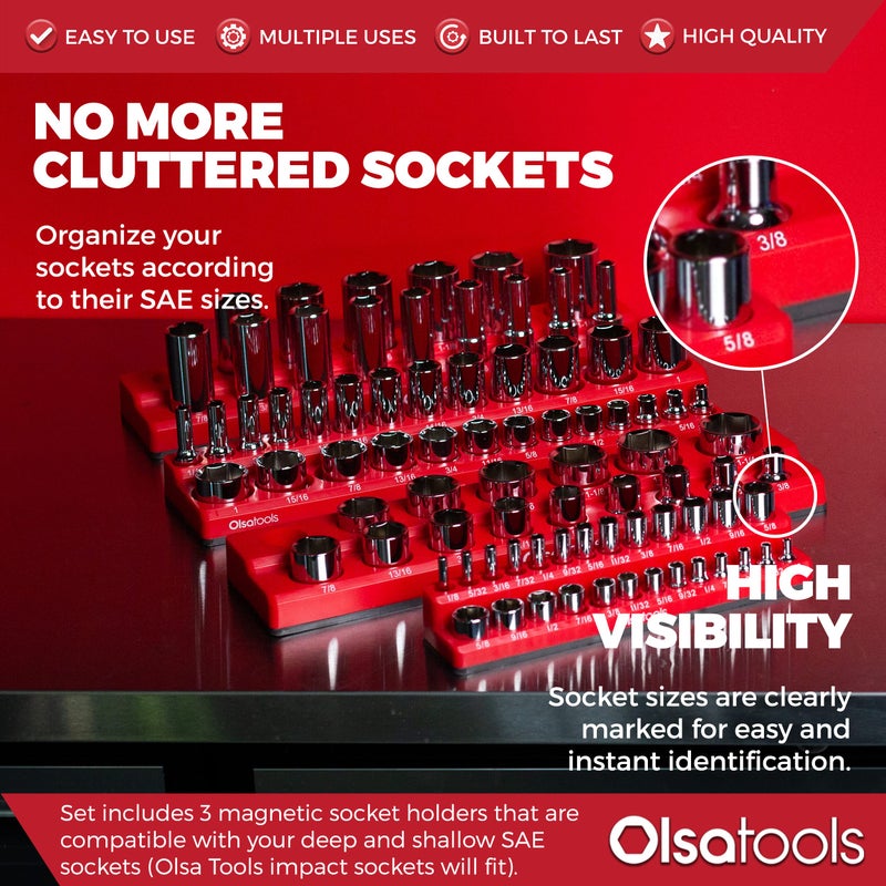 Olsa Tools Magnetic Socket Organizers | 3 Piece Set Socket Holder Kit | 1/2-inch, 3/8-inch, & 1/4-inch Drive | SAE Red | Holds 68 Sockets | Professional Quality Tools Organizer Part 1150 - Image 2