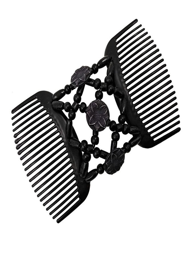 LOVEF Women Magic Hair Combs Wood Beaded Stretch Double Side Combs Clips Bun Maker Hair Accessories (Round Black) - Image 3