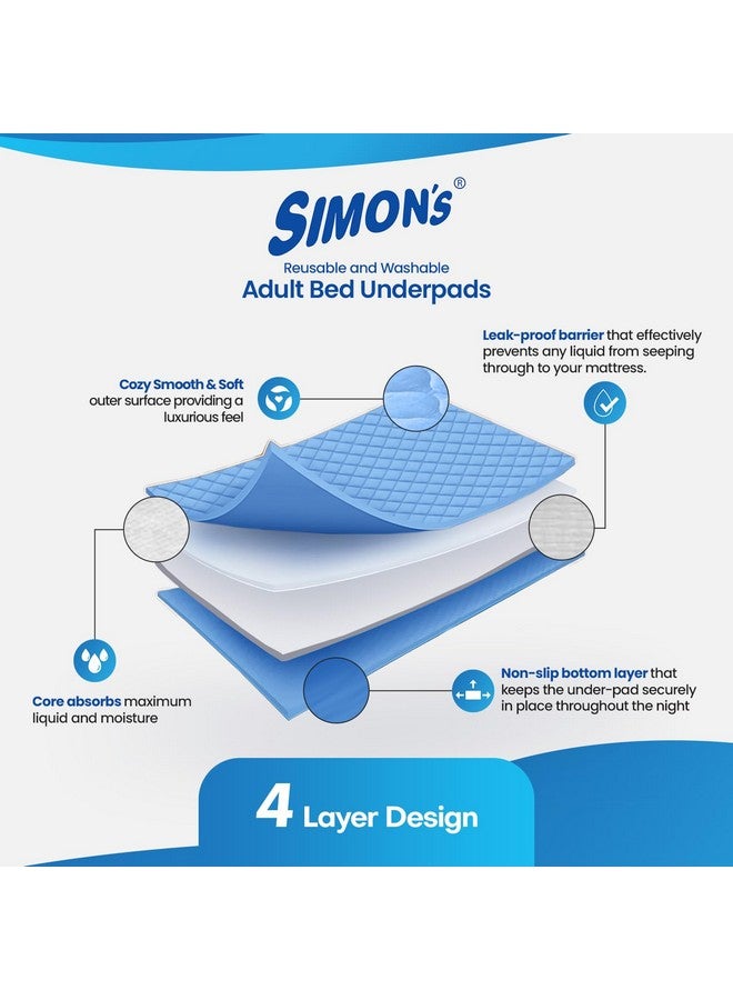 Simon's وسادة تحت السرير القابلة لإعادة الاستخدام من سيمون للبالغين، امتصاص قوي بحجم كبير 34 × 36 بوصة | تصميم 4 طبقات مقاوم للتسرب يحمي الأسطح لمرضى السلس - مربعات زرقاء | عبوة من 1 - Image 4