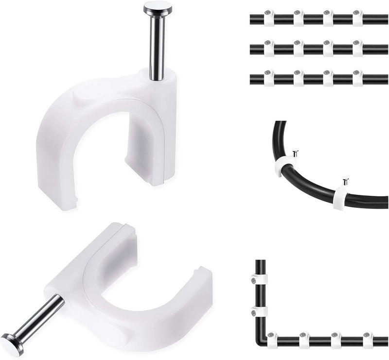 Abnii Cable Clips, 100 Pcs, 8mm, Wire Wall Clips with Steel Nails, Cable Management Organizer Clips, Cable Tacks Coax Holder Clips, RG6 RG59 CAT6 RJ45 Cable Cord Clips, White - Image 1