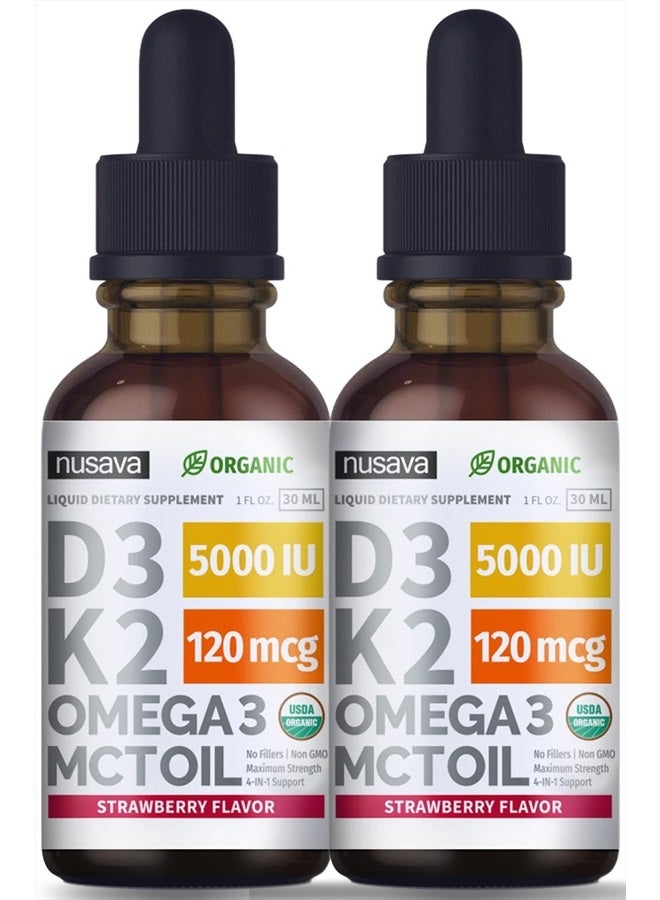 nusava (2 Pack) Organic Vitamin D3 K2 Drops w MCT Oil Omega 3, Maximum Strength, 5000 IU, No Fillers, Non-GMO Liquid D3 for Faster Absorption, Immune Support (Strawberry, 2 Fl Oz) - Image 1