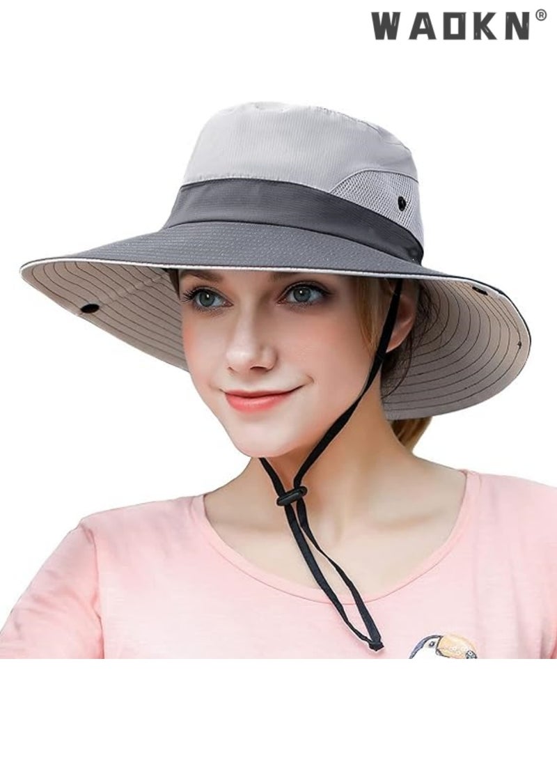 WAOKN Women's Outdoor Summer Sun Hat UV Protection Mesh Wide Brim Foldable Beach Fishing Hats with Ponytail Hole for Summer Beach Fishing Hiking - Image 5