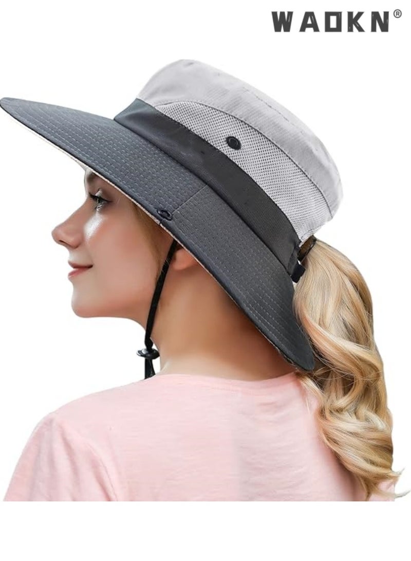 WAOKN Women's Outdoor Summer Sun Hat UV Protection Mesh Wide Brim Foldable Beach Fishing Hats with Ponytail Hole for Summer Beach Fishing Hiking - Image 3