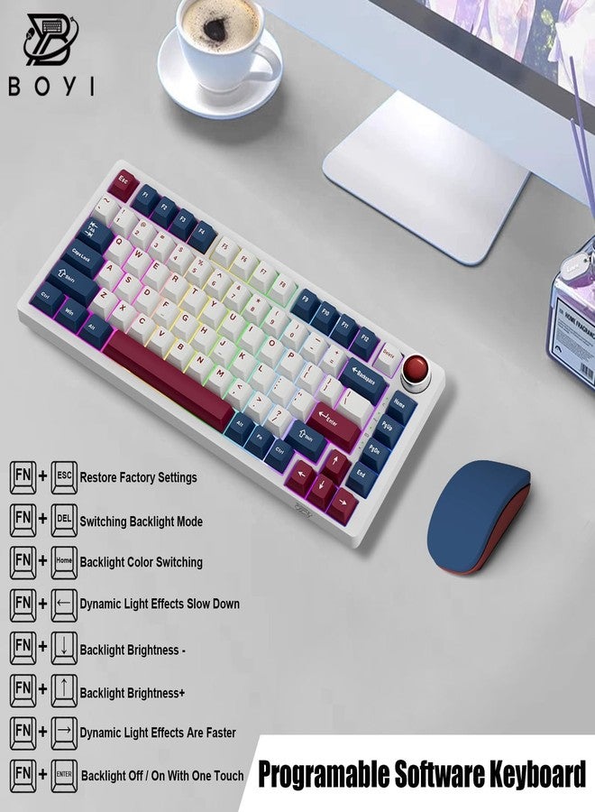 Boyi لوحة مفاتيح ميكانيكية من الألمنيوم BOYI 82 مفتاح، 75% RGB مثبتة على حشوة BT5.0/2.4G/Type-C سلكية ثلاثية الوضع قابلة للتبديل مع مفاتيح PBT قابلة للبرمجة مع مقبض لـ MAC/Win (مفاتيح PBT حمراء كريمة) - Image 2
