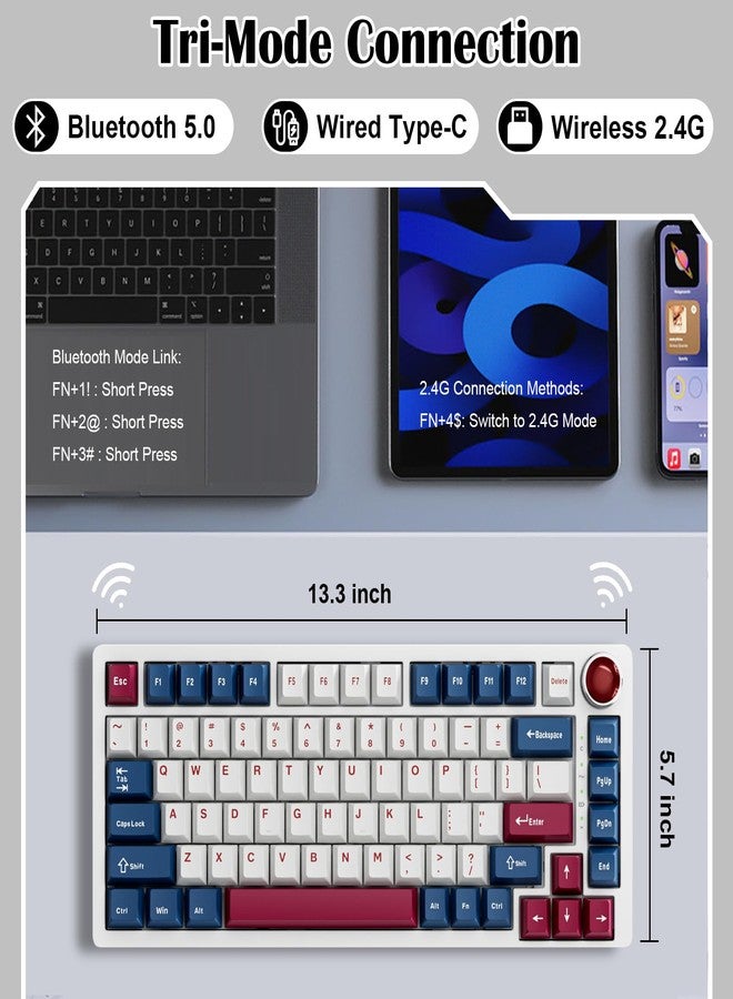 Boyi لوحة مفاتيح ميكانيكية من الألمنيوم BOYI 82 مفتاح، 75% RGB مثبتة على حشوة BT5.0/2.4G/Type-C سلكية ثلاثية الوضع قابلة للتبديل مع مفاتيح PBT قابلة للبرمجة مع مقبض لـ MAC/Win (مفاتيح PBT حمراء كريمة) - Image 5