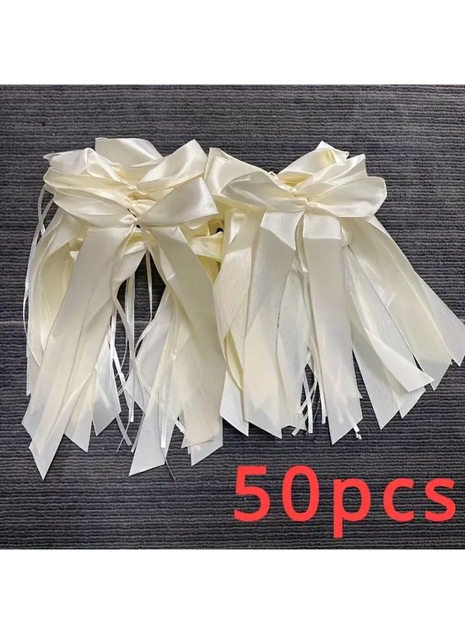 50pcs Beige Satin Bowknot Ribbon Streamers For Wedding Party Decor And Gift Wrapping - Image 1