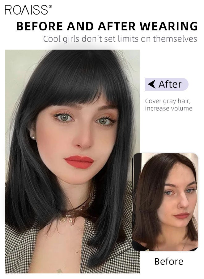 roaiss Invisible Hair Topper with Bangs for Women Fluffy Hair Extension, Clip in Wig for Women with Thinning Hair Hair Loss Cover Gray Hair, Black, 30cm (12 inches) - Image 4