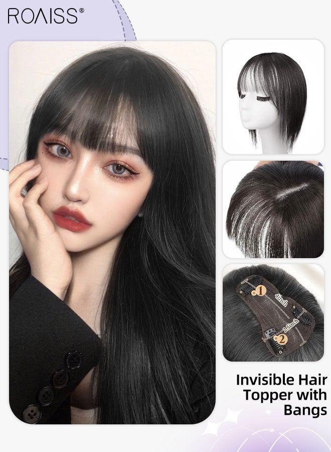 roaiss Invisible Hair Topper with Bangs for Women Fluffy Hair Extension, Clip in Wig for Women with Thinning Hair Hair Loss Cover Gray Hair, Black, 30cm (12 inches) - Image 1