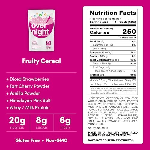 Oats Overnight Fruity Cereal  Overnight Oats with 20g Protein High Fiber Breakfast Protein Shake  Gluten Free Oatmeal Non GMO High Protein Oatmeal 26 oz per meal 8 Pack - Image 5