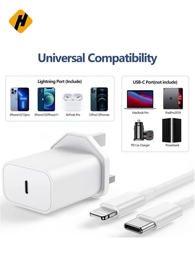 HuHa - iPhone USB C Fast Charger Plug and Cable - [Apple MFi Certified] 20W Charging Power Adapter and 2M Original Lightning Cable Lead, Wall Charger for Apple iPhone 14 13/12/11/Pro Max/Mini/XR/X/8/7/iPad - Image 1