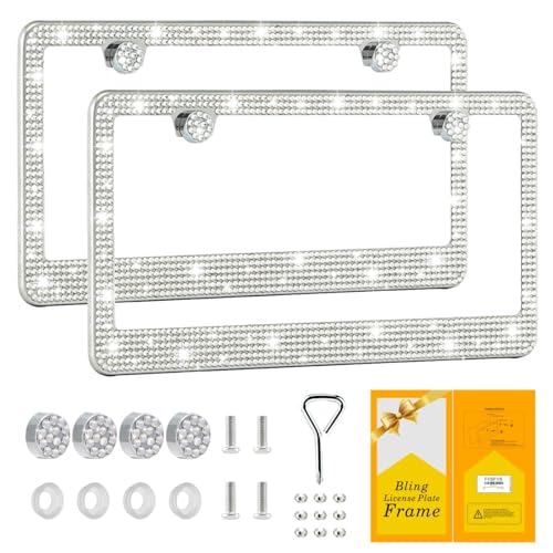 FIISFIIS Bling License Plate Frame for Women,2 Pack Premium Stainless Steel Rhinestone Car License Plate Holder,Handmade Glitter Crystal Diamond Girl Lincense Plate Cover,Bedazzled Sparkly Caps-White - Image 1