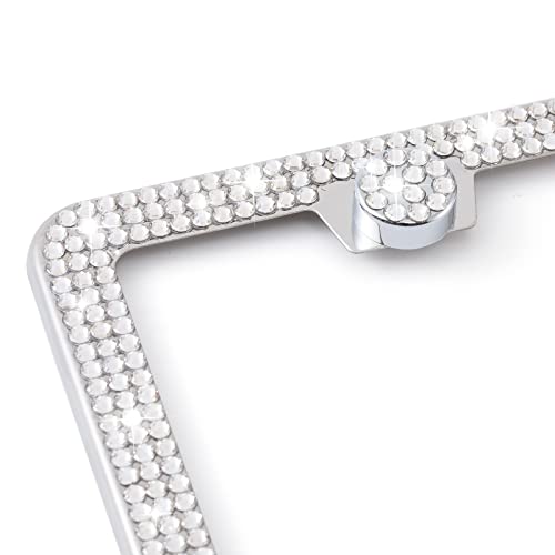 FIISFIIS Bling License Plate Frame for Women,2 Pack Premium Stainless Steel Rhinestone Car License Plate Holder,Handmade Glitter Crystal Diamond Girl Lincense Plate Cover,Bedazzled Sparkly Caps-White - Image 2