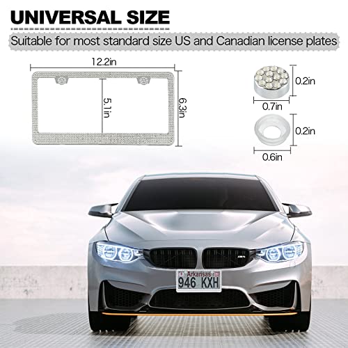 FIISFIIS Bling License Plate Frame for Women,2 Pack Premium Stainless Steel Rhinestone Car License Plate Holder,Handmade Glitter Crystal Diamond Girl Lincense Plate Cover,Bedazzled Sparkly Caps-White - Image 5