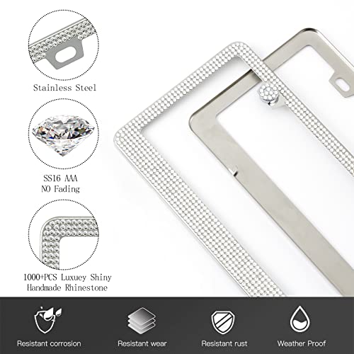 FIISFIIS Bling License Plate Frame for Women,2 Pack Premium Stainless Steel Rhinestone Car License Plate Holder,Handmade Glitter Crystal Diamond Girl Lincense Plate Cover,Bedazzled Sparkly Caps-White - Image 3