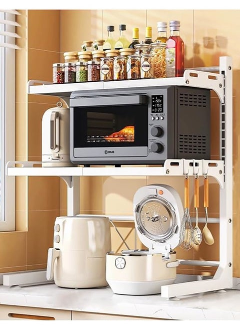 Metal Microwave Oven Rack Shelf Expandable Kitchen Supplies Tableware Storage Counter Space Saver Cabinet Organizer Spice Holder with 6 Hooks Chopping Block Frame Tool Holder Chopsticks Tube  (3 Layers of White)