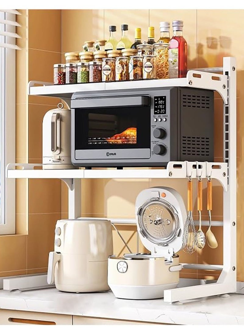 Metal Microwave Oven Rack Shelf Expandable Kitchen Supplies Tableware Storage Counter Space Saver Cabinet Organizer Spice Holder with 6 Hooks Chopping Block Frame Tool Holder Chopsticks Tube  (3 Layers of White)